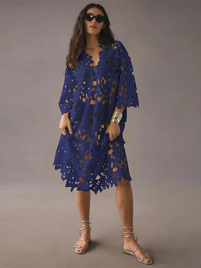 Seductive Elegance: Sexy Lace Hollow Out V-Neck Beach Dress