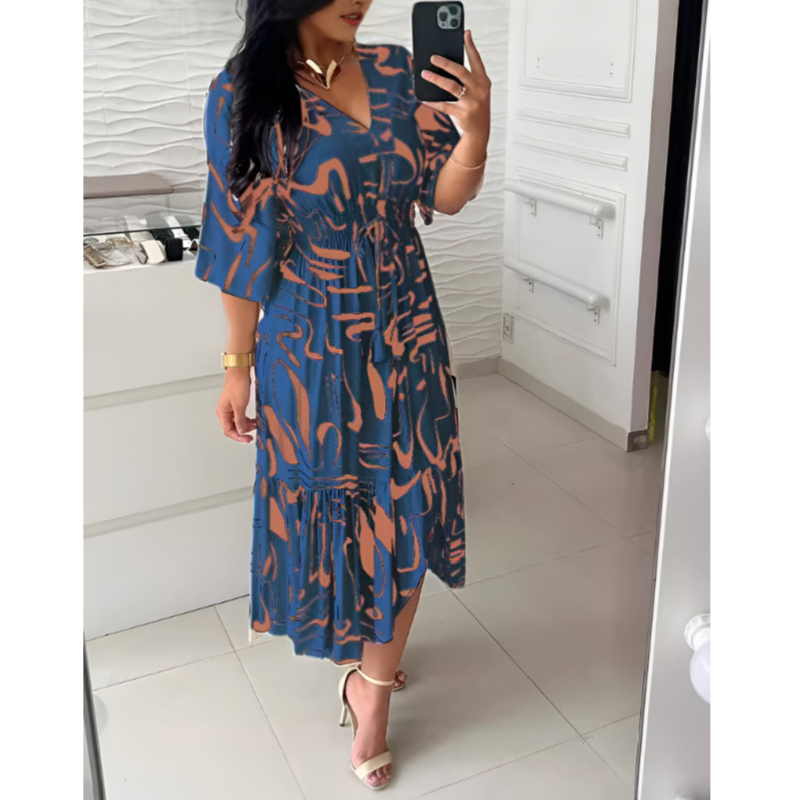 Summer Bohemian Women Print Midi Dress – V-Neck, Half Sleeve, High Elastic Waist A-Line Dress