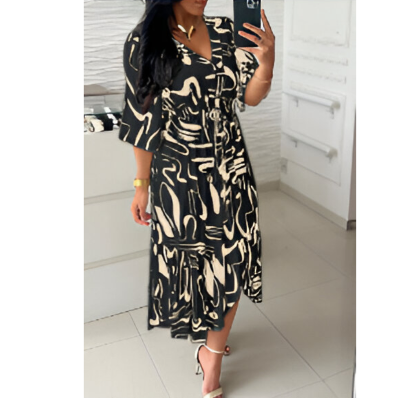 Summer Bohemian Women Print Midi Dress – V-Neck, Half Sleeve, High Elastic Waist A-Line Dress